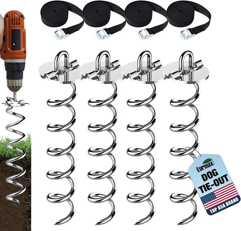 Eurmax USA 4-Pc Pack Spiral Stakes Heavy Duty Anchor Kit Ice Screw Anchor for Trampoline, Tents, tarps, Canopies,car Ports,Dog tie Out and etc Bonus Tie Down Straps 4-Pc Pack (Silver) - Image 1